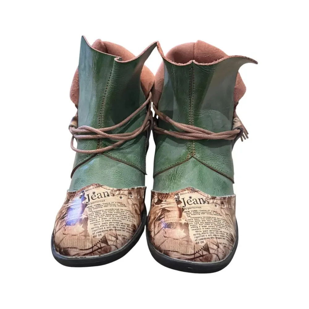TMA EYES Tie-Accent Green Leather Newspaper Ankle Boots EU 37 US 6.5